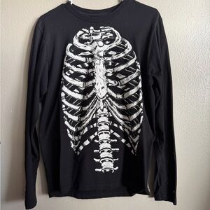 Black Long Sleeve Tee with White Skeleton Ribcage Print